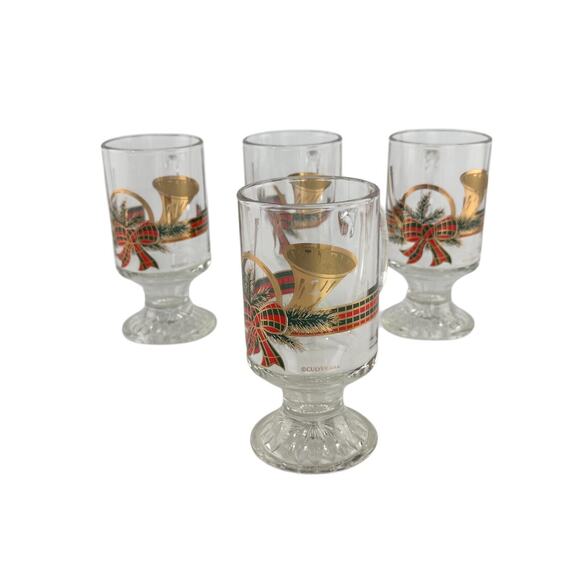 Vintage Culver Footed Irish Coffee Mugs Christmas Gold & Red Horn Set Of 4 - Picture 11 of 16